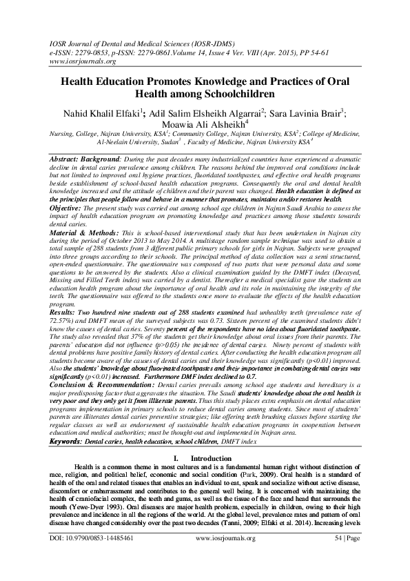 (PDF) Health Education Promotes Knowledge and Practices of Oral Health ...