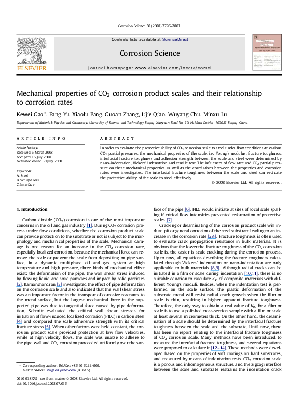 (PDF) Mechanical properties of CO2 corrosion product scales and their ...