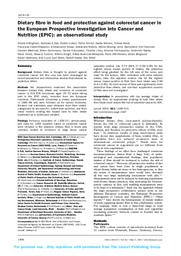 (PDF) Dietary fibre in food and protection against colorectal cancer in