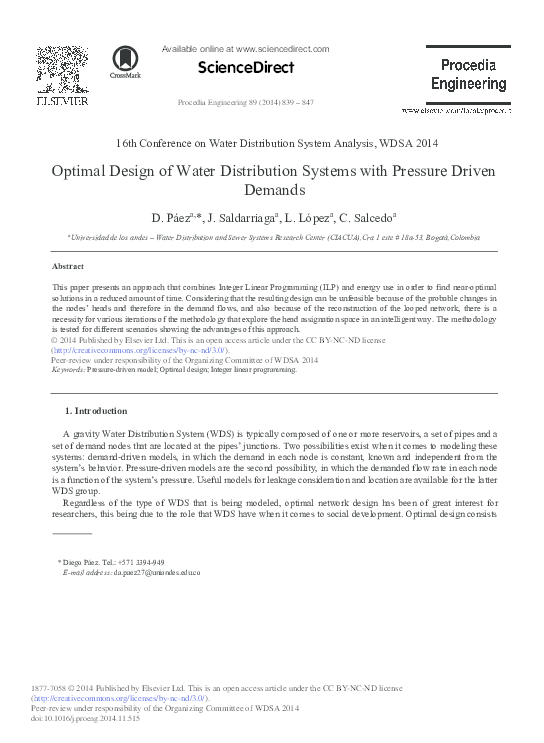 (PDF) Optimal Design of Water Distribution Systems with Pressure Driven ...