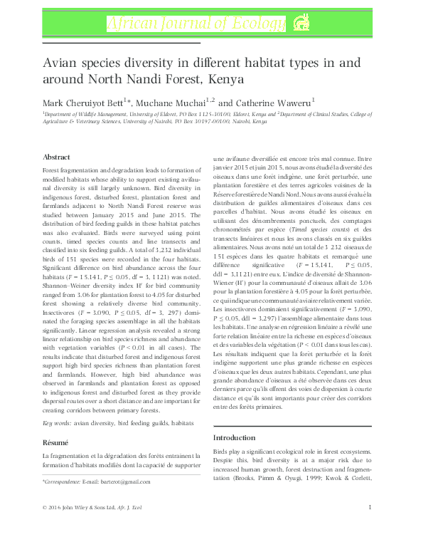 (PDF) Avian species diversity in different habitat types in and around ...