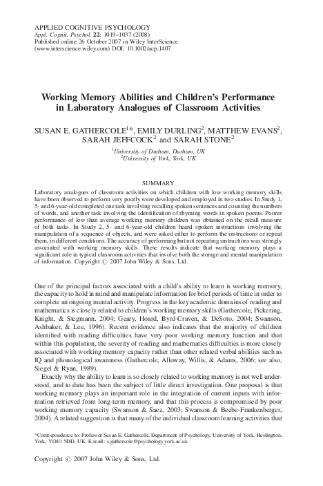 (PDF) Working memory abilities and children's performance in laboratory ...