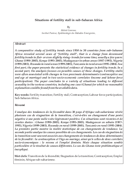 (PDF) Situations of fertility stall in sub-Saharan Africa