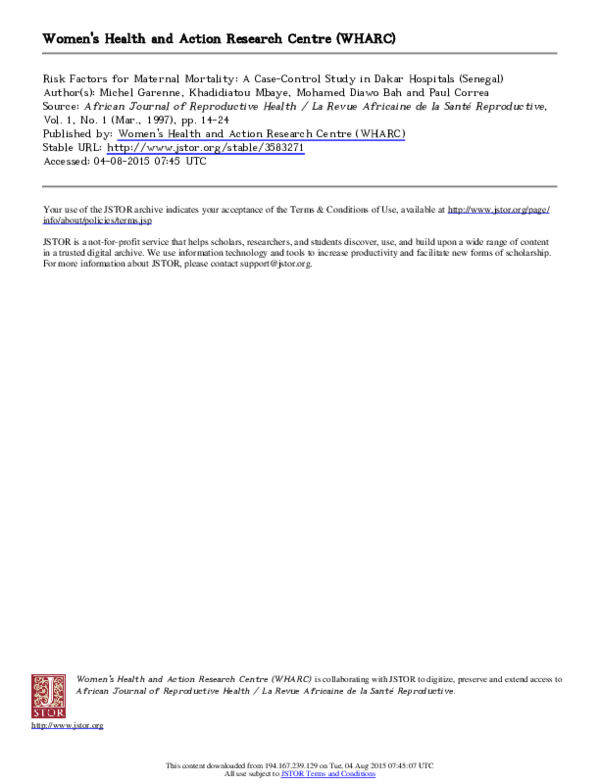 (PDF) Risk Factors for Maternal Mortality: A Case-Control Study in ...