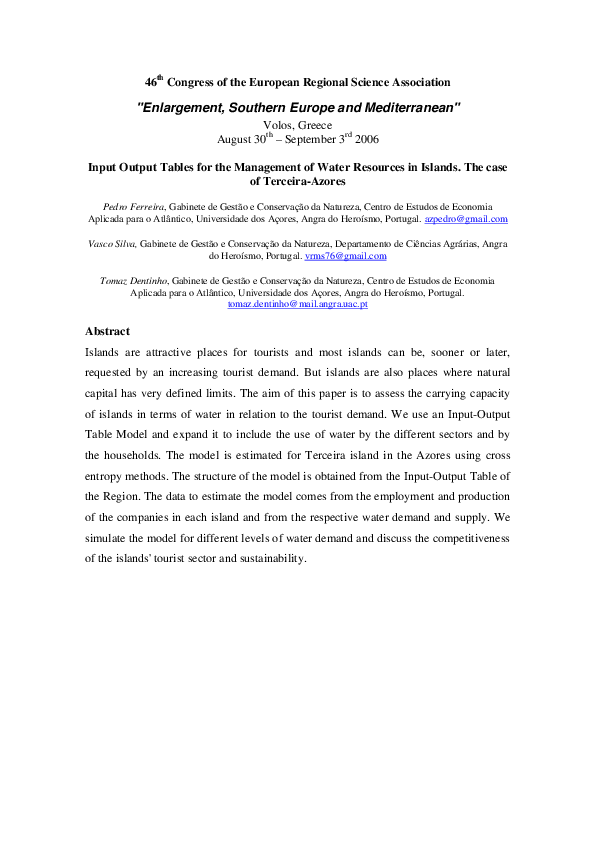 (PDF) Input Output Tables for the Management of Water Resources in ...