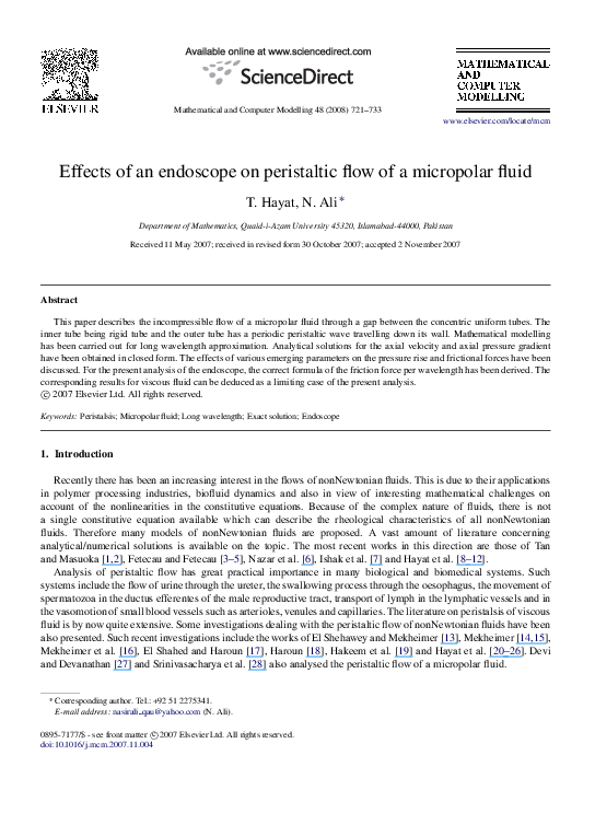 (PDF) Effects of an endoscope on peristaltic flow of a micropolar fluid