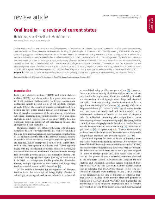 (PDF) Oral insulin - a review of current status