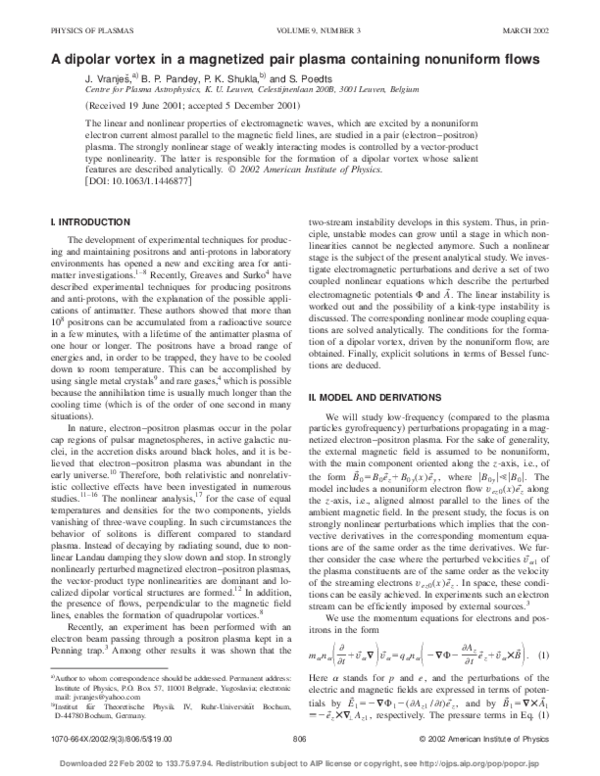 (PDF) A dipolar vortex in a magnetized pair plasma containing ...