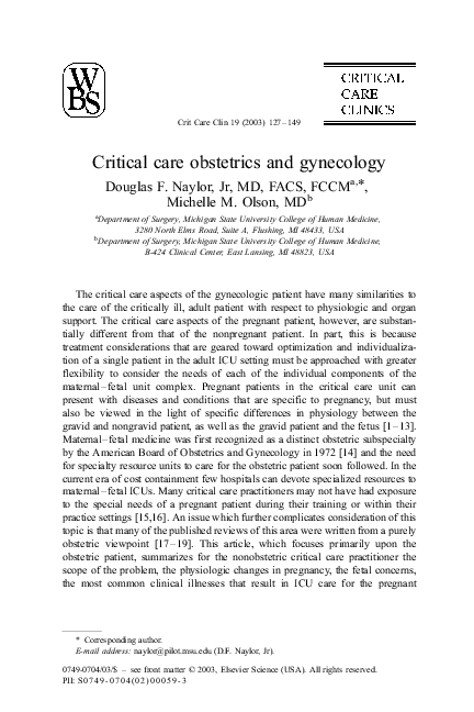 (PDF) Critical care obstetrics and gynecology