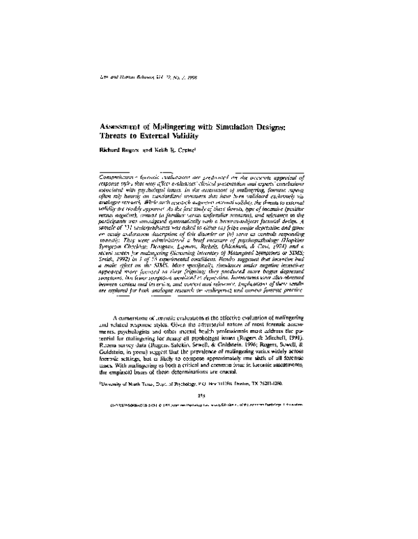 Assessment Of Malingering With Simulation Designs Threats To External Validity Richard Rogers