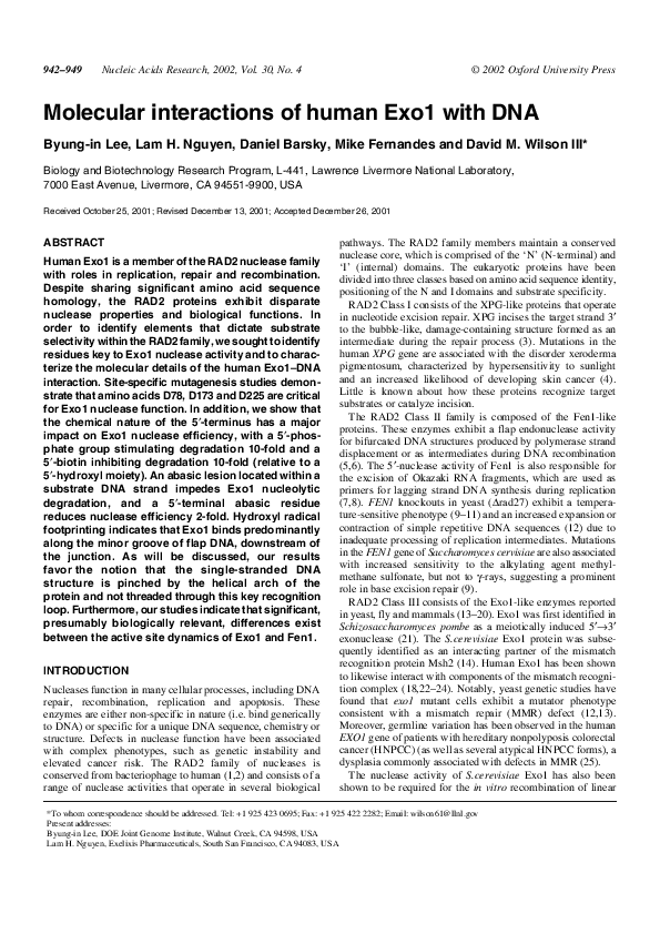 (PDF) Molecular interactions of human Exo1 with DNA