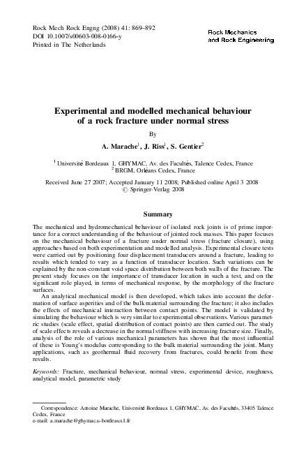 (PDF) Experimental and modelled mechanical behaviour of a rock fracture ...