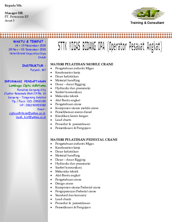 Pdf Waktu Tempat Lembaga Cipta Adhitama Materi Pelatihan Mobile Crane Pendik Wahyudianto Academia Edu