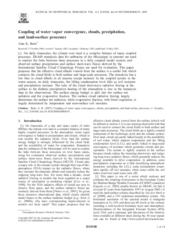 (PDF) Coupling of water vapor convergence, clouds, precipitation, and ...