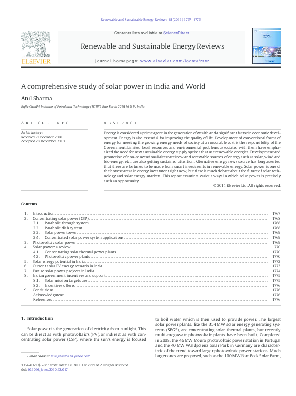(PDF) A comprehensive study of solar power in India and World