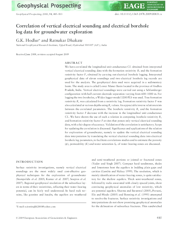 (PDF) Correlation of vertical electrical sounding and electrical ...