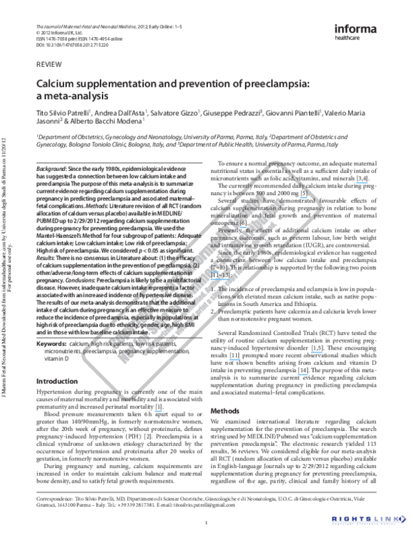 (PDF) Calcium supplementation and prevention of preeclampsia: a meta ...