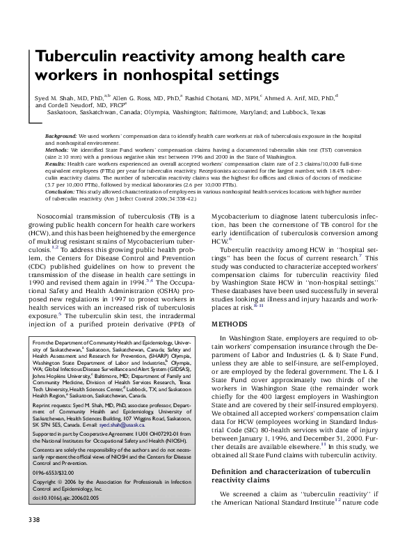 (PDF) Tuberculin reactivity among health care workers in nonhospital ...