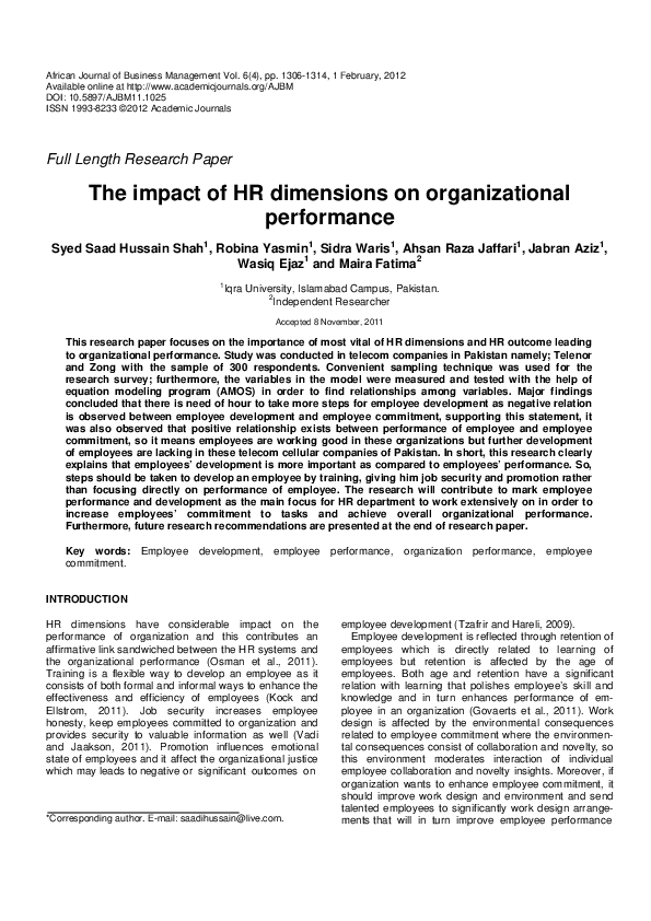 (PDF) The impact of HR dimensions on organizational performance