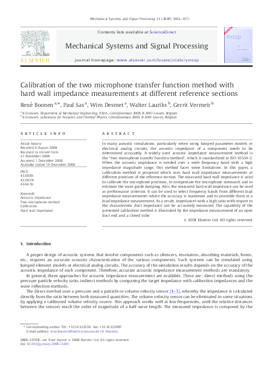 (PDF) Calibration of the two microphone transfer function method with