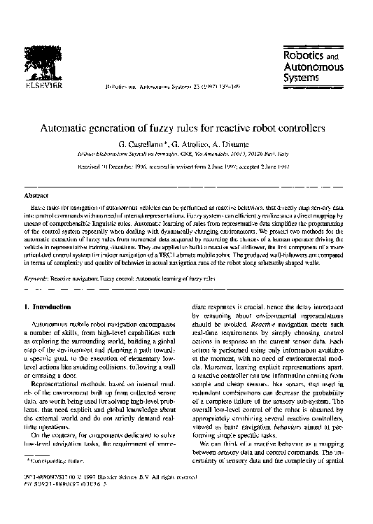 (PDF) Automatic generation of fuzzy rules for reactive robot controllers