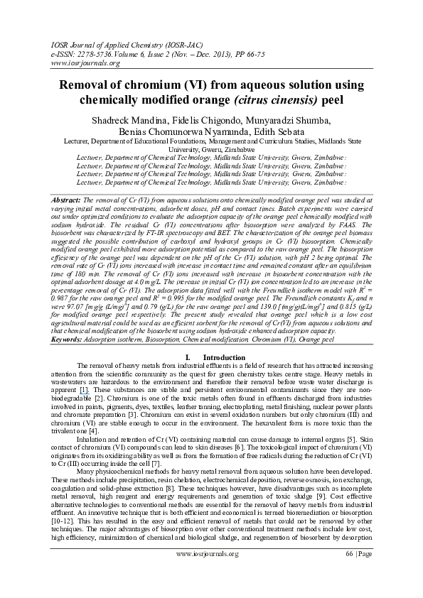 (PDF) Removal of chromium (VI) from aqueous solution using chemically ...