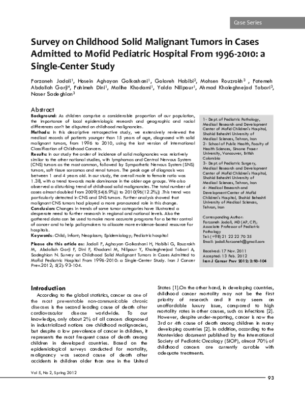 (PDF) Survey on childhood solid malignant tumors in cases admitted to ...