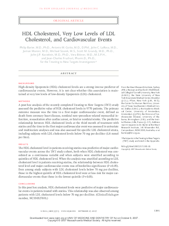 (PDF) HDL Cholesterol, Very Low Levels of LDL Cholesterol, and ...