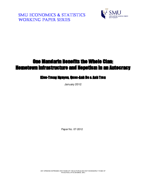 (PDF) One Mandarin Benefits the Whole Clan Hometown Infrastructure and