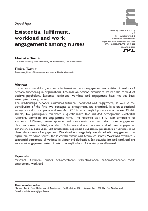 (PDF) Existential fulfilment, workload and work engagement among nurses