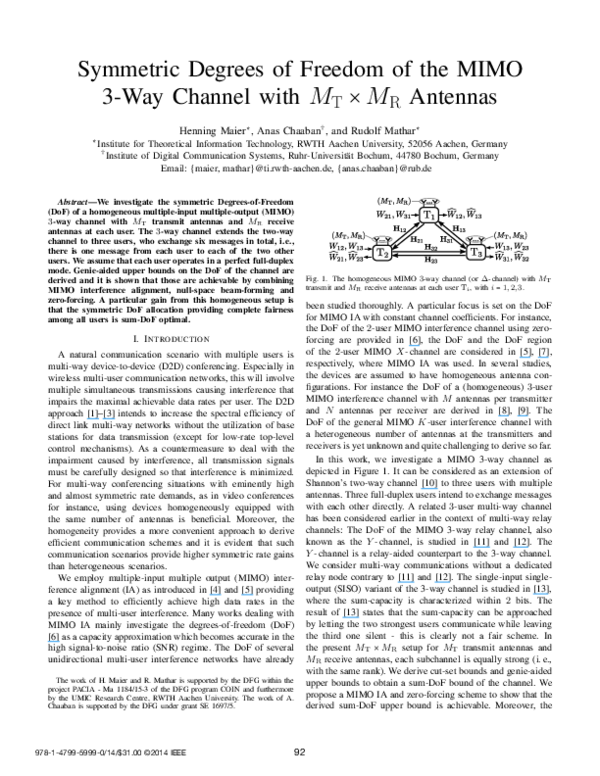 (PDF) Symmetric Degrees of Freedom of the MIMO 3-way channel with M T × ...