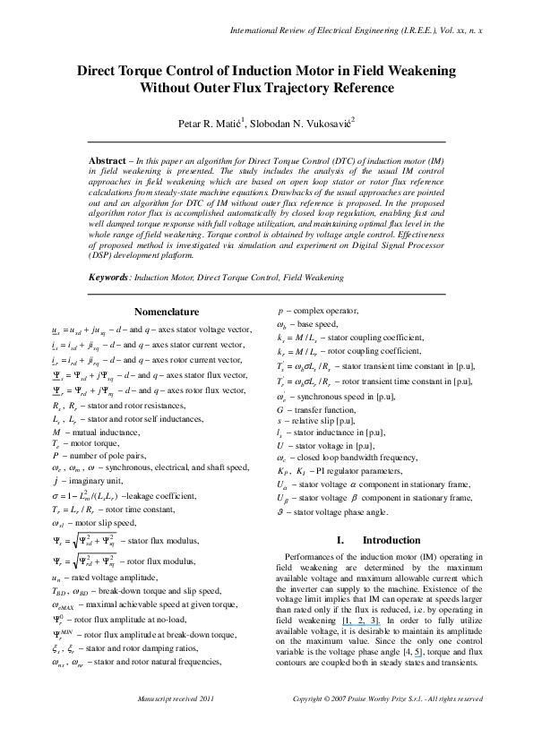 (PDF) Direct Torque Control of Induction Motor in field Weakening Based