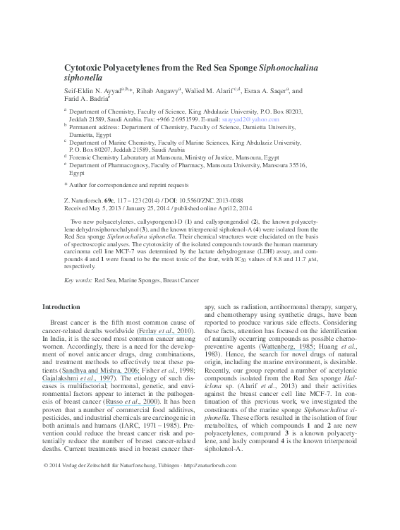 (PDF) Cytotoxic Polyacetylenes from the Red Sea Sponge Siphonochalina ...