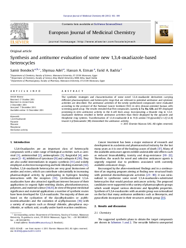 (PDF) Synthesis and antitumor evaluation of some new 1,3,4-oxadiazole ...
