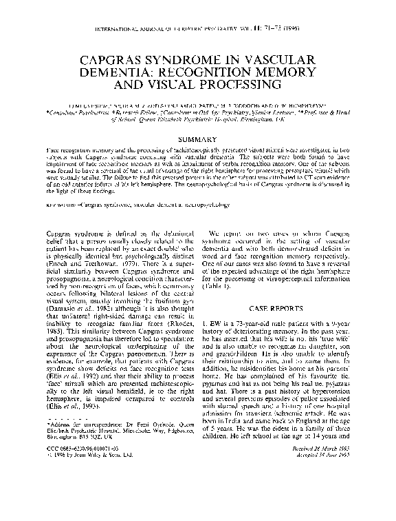(PDF) Capgras Syndrome in Vascular Dementia: Recognition Memory and ...