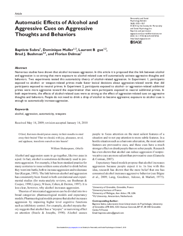 (XLS) Automatic Effects of Alcohol and Aggressive Cues on Aggressive ...