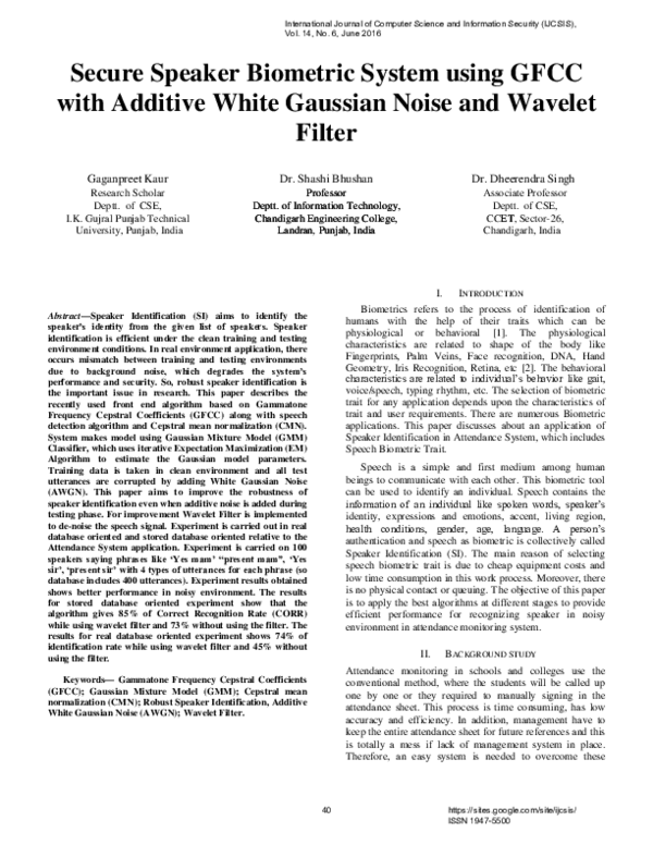 (PDF) Secure Speaker Biometric System using GFCC with Additive White ...