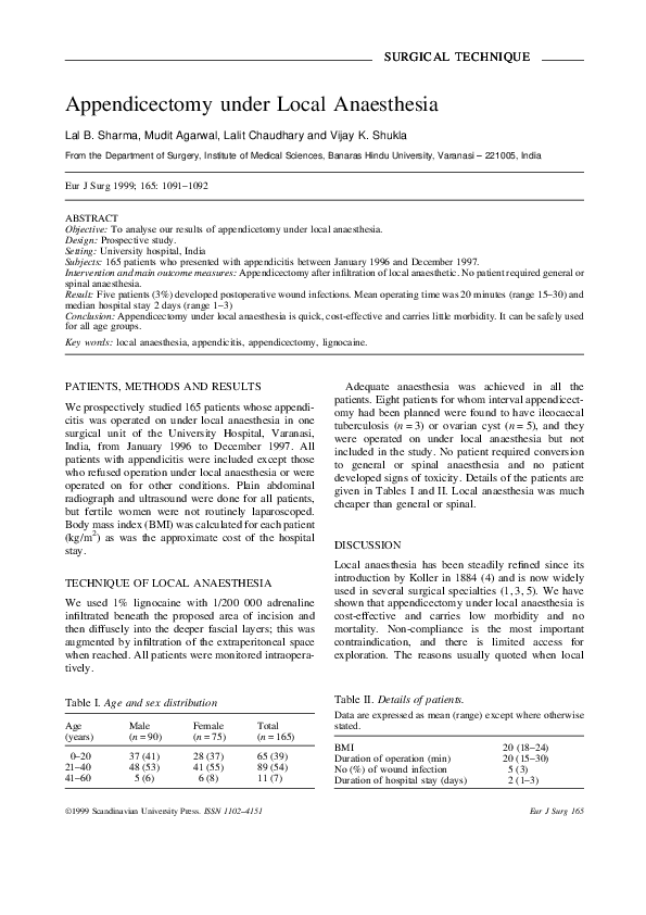 (PDF) Appendicectomy under Local Anaesthesia mudit agarwal Academia.edu