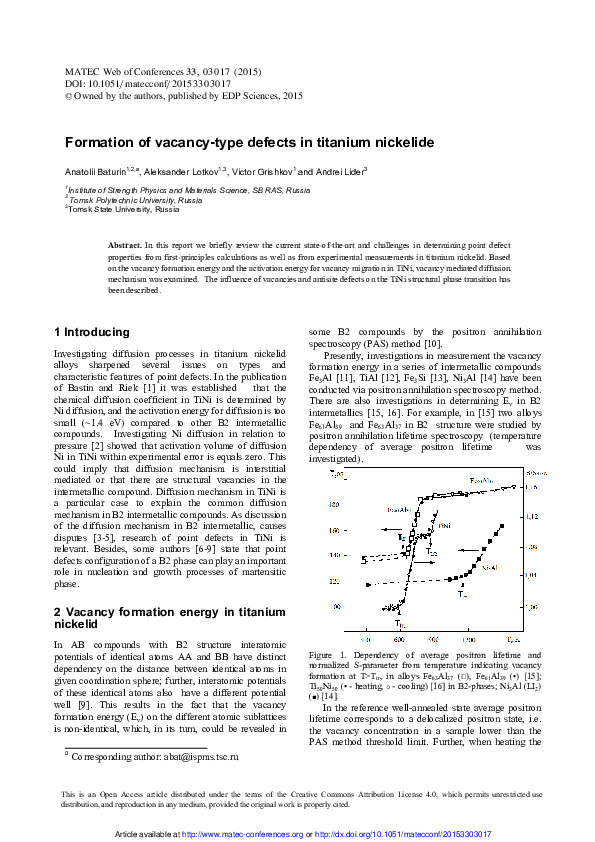 (PDF) Formation of vacancytype defects in titanium nickelide