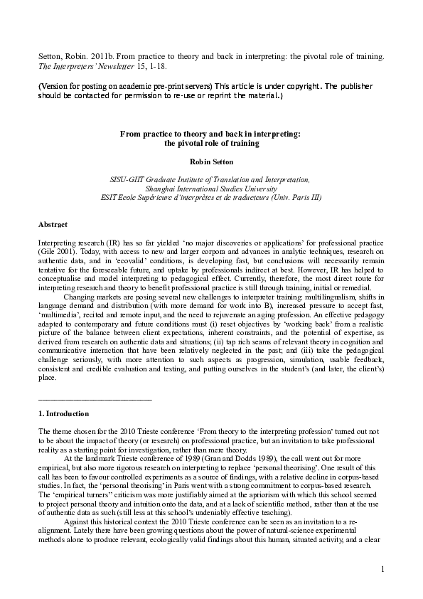 (DOC) From practice to theory and back in interpreting: the pivotal ...