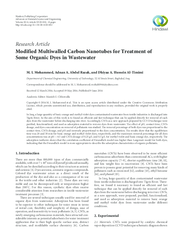 (PDF) Modified Multiwalled Carbon Nanotubes for Treatment of Some ...