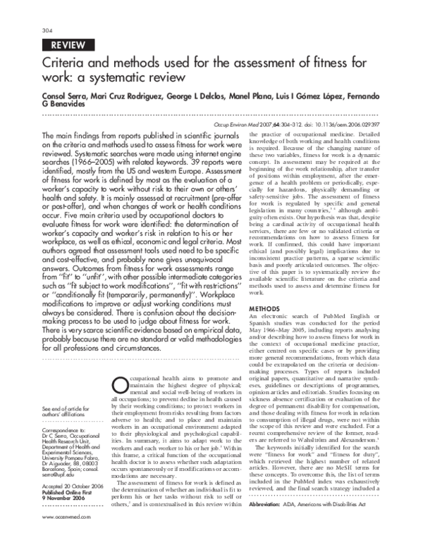 (PDF) Criteria and methods used for the assessment of fitness for work ...