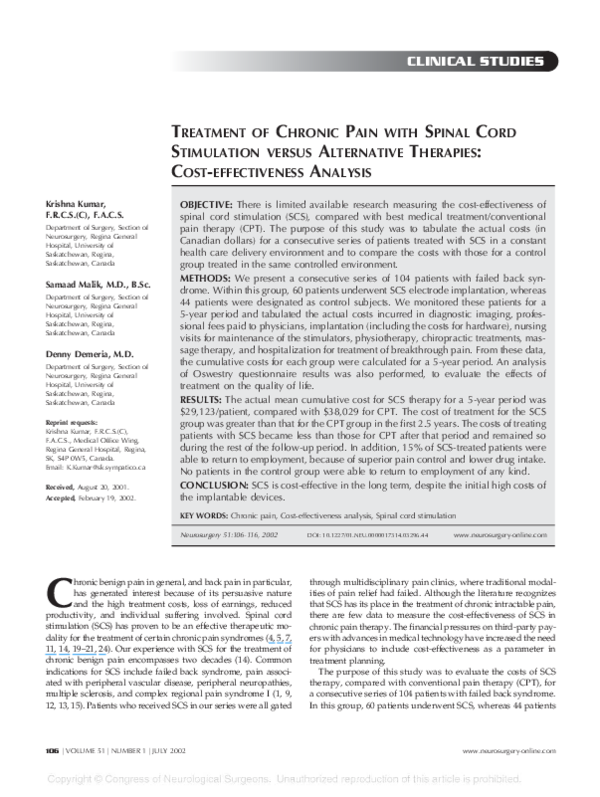 (PDF) Treatment of Chronic Pain with Spinal Cord Stimulation versus ...