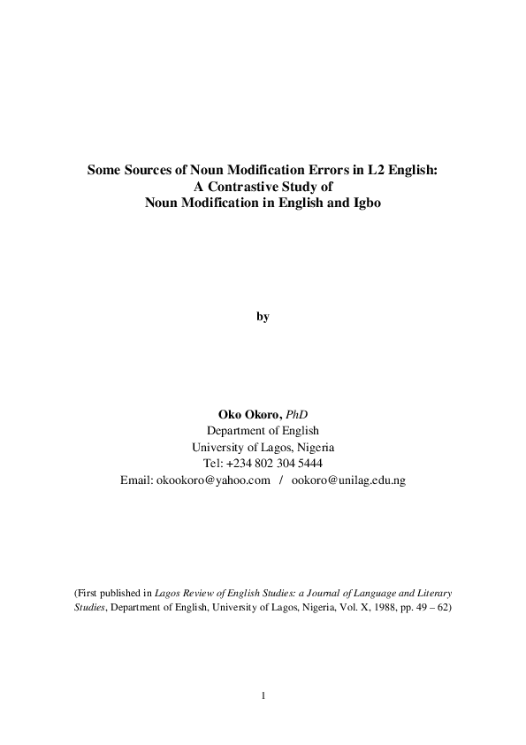(PDF) Some Sources of Noun Modification Errors in L2 English: A ...