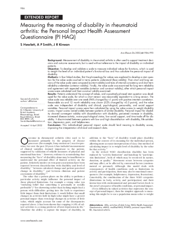(PDF) Measuring the meaning of disability in rheumatoid arthritis: the ...
