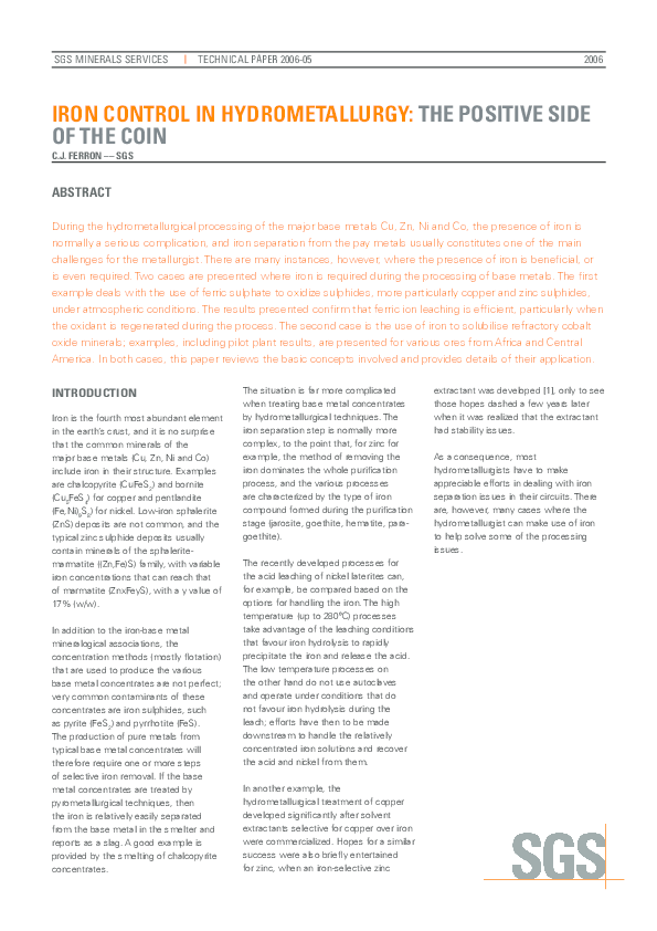 (PDF) IRON CONTROL IN HYDROMETALLURGY: THE POSITIVE SIDE OF THE COIN