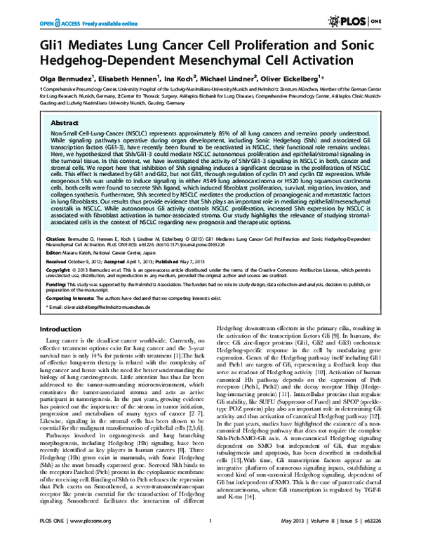 (PDF) Gli1 Mediates Lung Cancer Cell Proliferation and Sonic Hedgehog ...