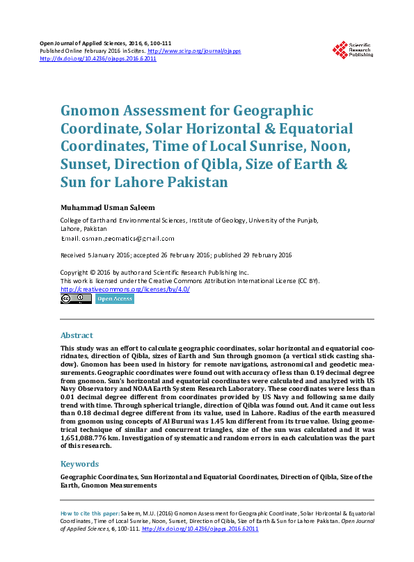 (PDF) Gnomon Assessment for Geographic Coordinate, Solar Horizontal