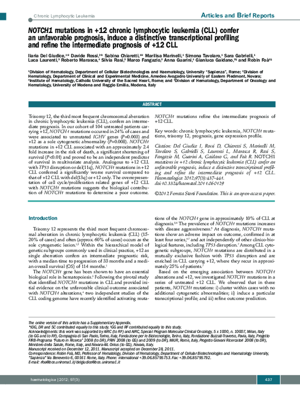 (PDF) NOTCH1 mutations in +12 chronic lymphocytic leukemia (CLL) confer ...