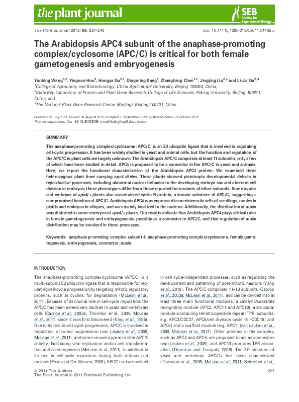 (PDF) The Arabidopsis APC4 subunit of the anaphase-promoting complex ...